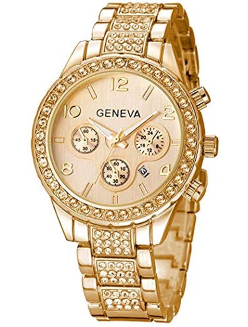 Unisex Luxury Pave Floating Crystal Diamonds Calendar Quartz Watch with Stainless Steel Link Bracelet