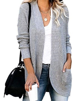 Xpreen Womens Long Sleeve Open Front Cardigan Casual Lightweight Waffle Knit Sweaters Outerwear with Pockets