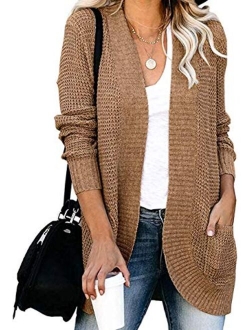 Xpreen Womens Long Sleeve Open Front Cardigan Casual Lightweight Waffle Knit Sweaters Outerwear with Pockets