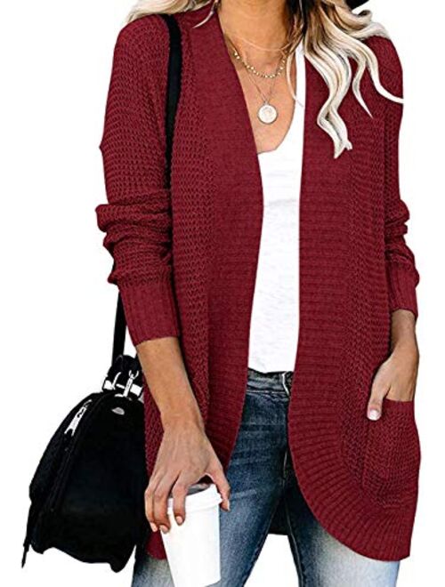 Xpreen Womens Long Sleeve Open Front Cardigan Casual Lightweight Waffle Knit Sweaters Outerwear with Pockets