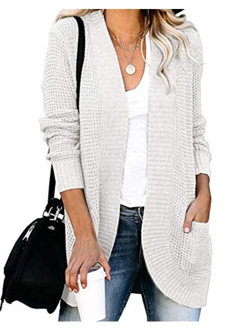 Xpreen Womens Long Sleeve Open Front Cardigan Casual Lightweight Waffle Knit Sweaters Outerwear with Pockets