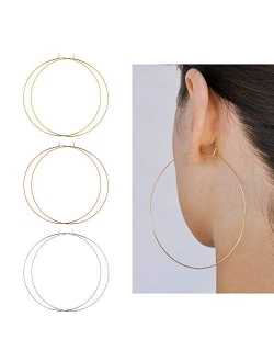 Fashion 18K Gold Silver Hoop Earrings Lightweight Hypoallergenic High Polished Minimalist Thin Wire Hoops Set | Chunky Gold Hoop Earrings for Women Girls 1" to 3.5" (25mm