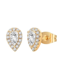 14K Gold Plated Sterling Silver Post Brilliant Round Faux Diamond Halo Earrings - Premium Cubic Zirconia in Rose Gold, White Gold and Yellow Gold