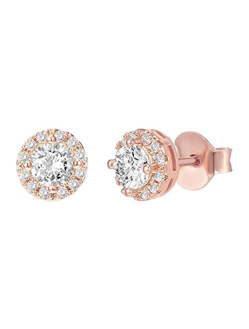 PAVOI 14K Gold Plated Sterling Silver Post Brilliant Round Faux Diamond Halo Earrings - Premium Cubic Zirconia in Rose Gold, White Gold and Yellow Gold