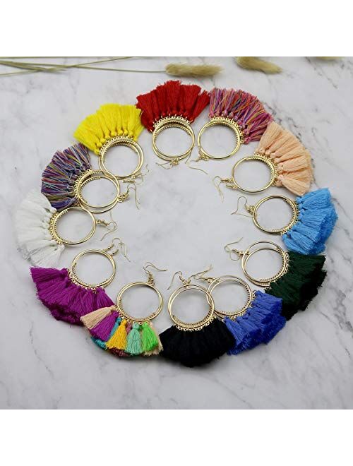 LANTAI 12 Pairs Bohemian Tassel Earrings-Colorful Hoop Fringe Layerd Dangle Tassel Earrings for Women Girls Gift Statement Earrings