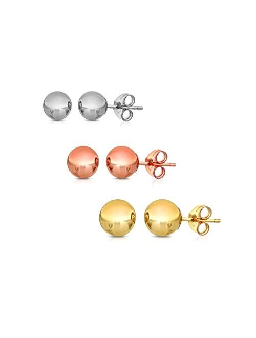 14K Solid Gold Ball Stud Earrings (3-Pair-Pack) 3MM 4MM and 5MM - Choose a Color