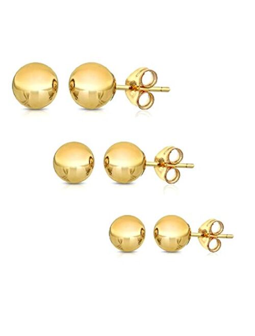 14K Solid Gold Ball Stud Earrings (3-Pair-Pack) 3MM 4MM and 5MM - Choose a Color