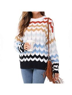 Newshows Women's Knit Long Sleeve Striped Color Block Loose Casual Pullover Sweater Jumper Tops