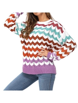 Newshows Women's Knit Long Sleeve Striped Color Block Loose Casual Pullover Sweater Jumper Tops