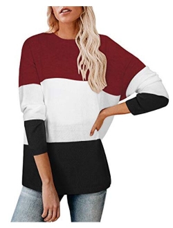 Newshows Women's Knit Long Sleeve Striped Color Block Loose Casual Pullover Sweater Jumper Tops