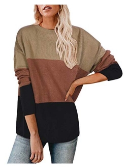 Newshows Women's Knit Long Sleeve Striped Color Block Loose Casual Pullover Sweater Jumper Tops