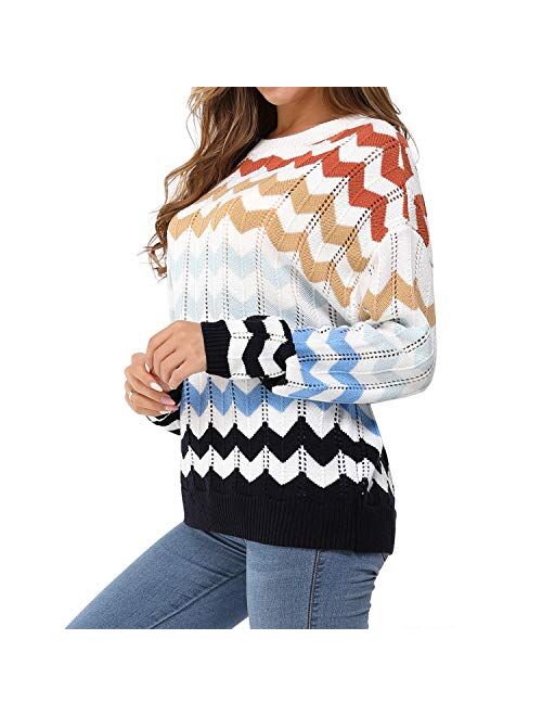 Newshows Women's Knit Long Sleeve Striped Color Block Loose Casual Pullover Sweater Jumper Tops