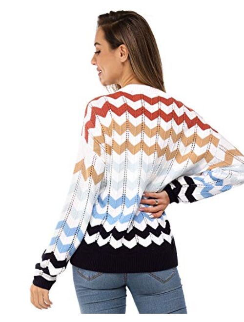 Newshows Women's Knit Long Sleeve Striped Color Block Loose Casual Pullover Sweater Jumper Tops