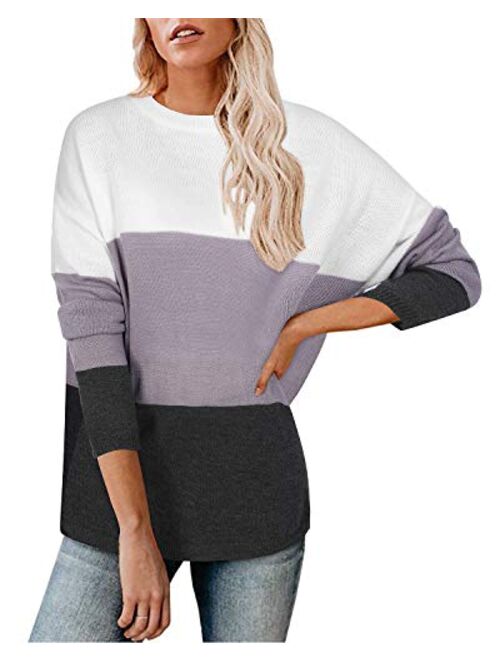 Newshows Women's Knit Long Sleeve Striped Color Block Loose Casual Pullover Sweater Jumper Tops