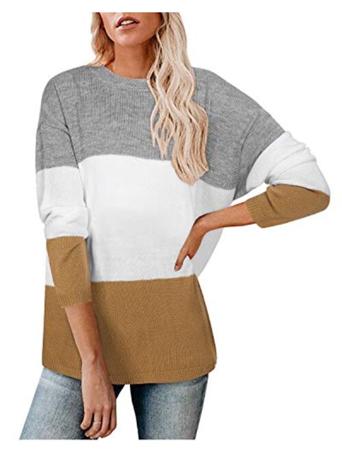 Newshows Women's Knit Long Sleeve Striped Color Block Loose Casual Pullover Sweater Jumper Tops