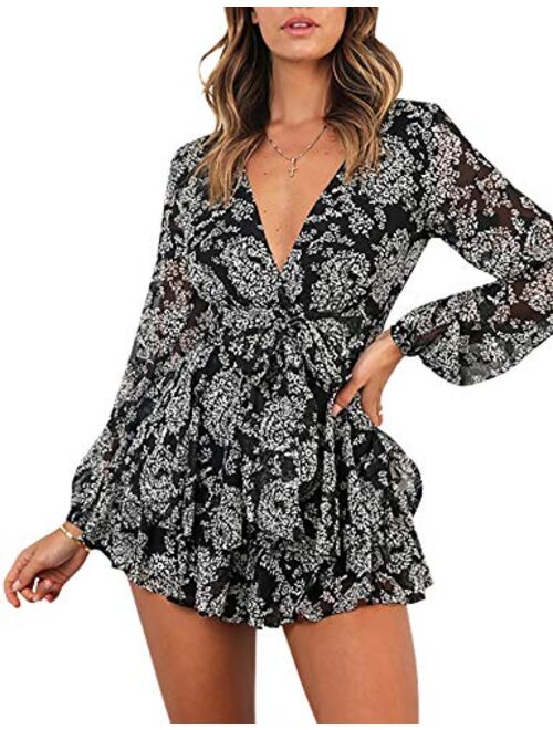 AIMCOO Women's Floral Print Deep V-Neck Double Layer Ruffle Hem Long Baggy Sleeves with Belt Short Romper