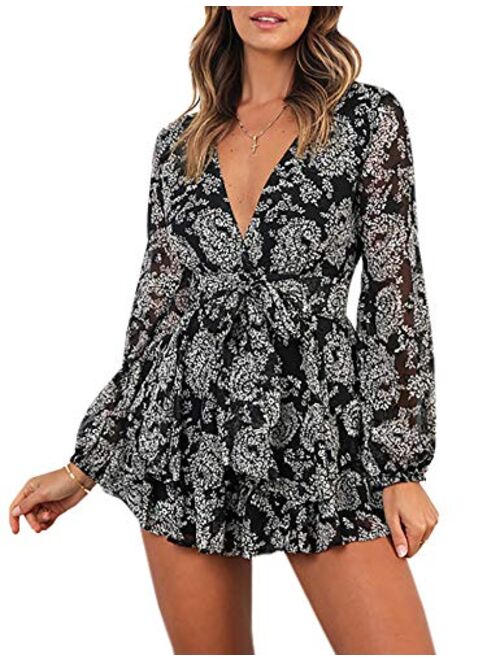 AIMCOO Women's Floral Print Deep V-Neck Double Layer Ruffle Hem Long Baggy Sleeves with Belt Short Romper