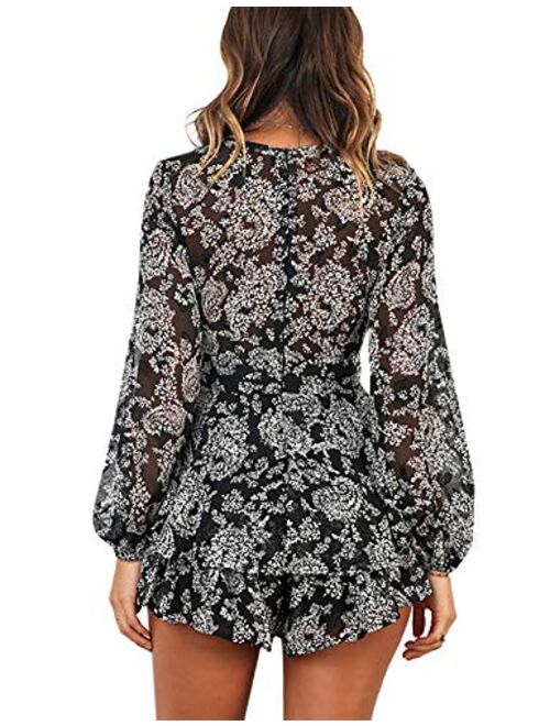 AIMCOO Women's Floral Print Deep V-Neck Double Layer Ruffle Hem Long Baggy Sleeves with Belt Short Romper