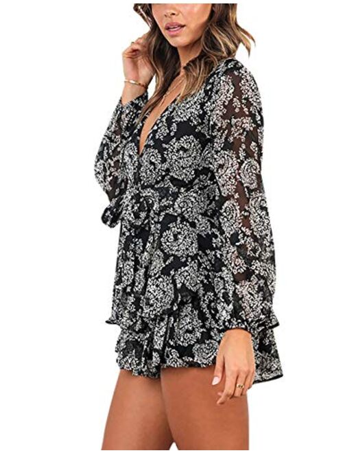 AIMCOO Women's Floral Print Deep V-Neck Double Layer Ruffle Hem Long Baggy Sleeves with Belt Short Romper