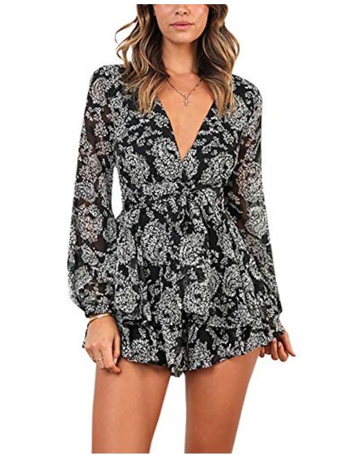 AIMCOO Women's Floral Print Deep V-Neck Romper Double Layer Ruffle