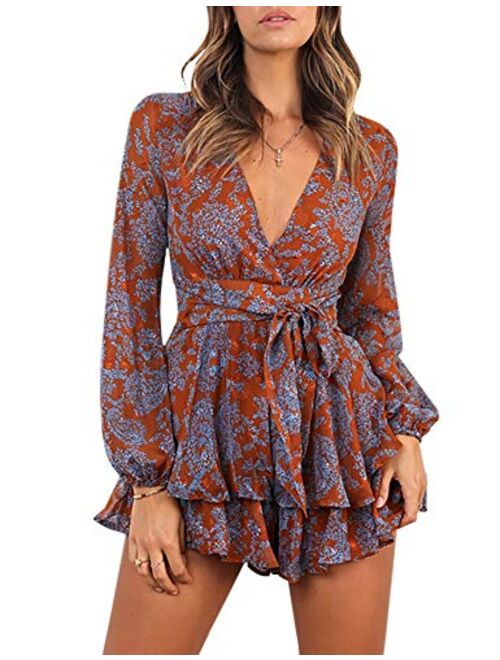 AIMCOO Women's Floral Print Deep V-Neck Double Layer Ruffle Hem Long Baggy Sleeves with Belt Short Romper