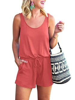 Womens Summer Scoop Neck Sleeveless Casual Tank Top Short Jumpsuit Rompers with Pockets