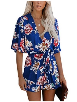 Relipop Women's Jumpsuit Floral Print V Neck Flared Half Sleeve Elastic Tie Waist Ruffle Hem Romper