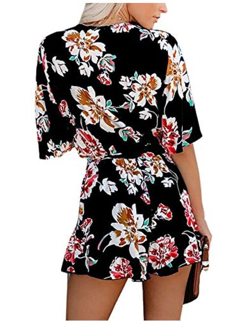 Relipop Women's Jumpsuit Floral Print V Neck Flared Half Sleeve Elastic Tie Waist Ruffle Hem Romper