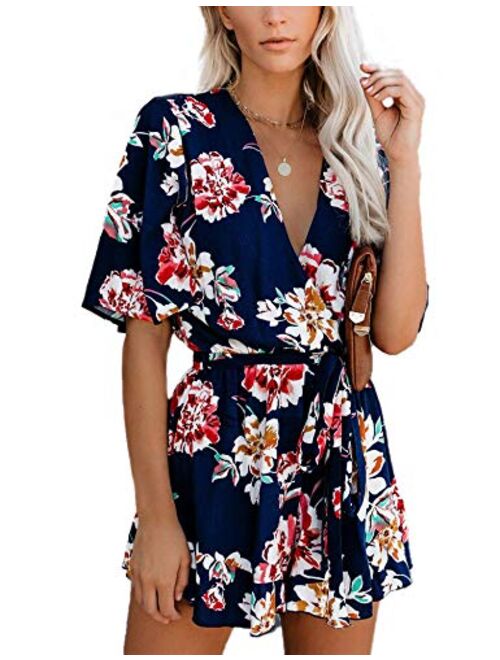 Relipop Women's Jumpsuit Floral Print V Neck Flared Half Sleeve Elastic Tie Waist Ruffle Hem Romper