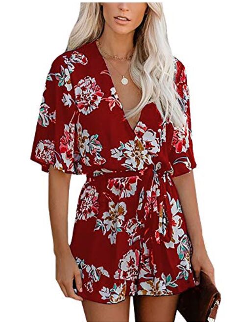 Relipop Women's Jumpsuit Floral Print V Neck Flared Half Sleeve Elastic Tie Waist Ruffle Hem Romper