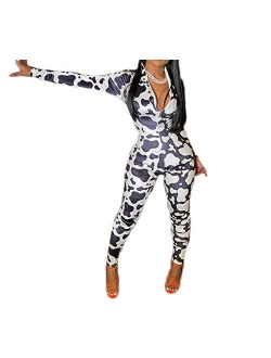 Wome Deep V Neck Funny Print Jumpsuit Rompers Button Down Pajamas Stretch Short Bodysuits Shorts