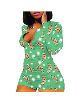 Wome Deep V Neck Funny Print Jumpsuit Rompers Button Down Pajamas Stretch Short Bodysuits Shorts