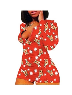 Wome Deep V Neck Funny Print Jumpsuit Rompers Button Down Pajamas Stretch Short Bodysuits Shorts