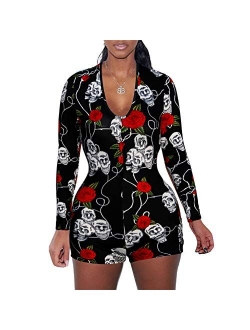 Wome Deep V Neck Funny Print Jumpsuit Rompers Button Down Pajamas Stretch Short Bodysuits Shorts