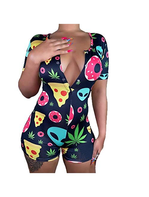 Multitrust Wome Deep V Neck Funny Print Jumpsuit Rompers Button Down Pajamas Stretch Short Bodysuits Shorts