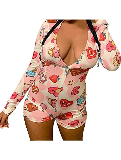 Multitrust Wome Deep V Neck Funny Print Jumpsuit Rompers Button Down Pajamas Stretch Short Bodysuits Shorts