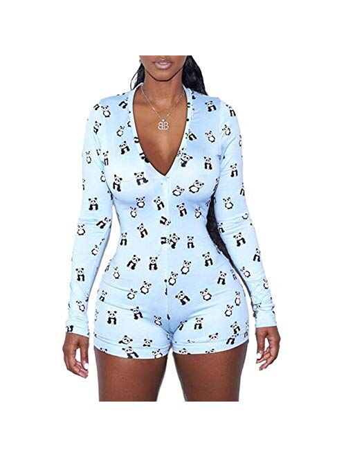 Multitrust Wome Deep V Neck Funny Print Jumpsuit Rompers Button Down Pajamas Stretch Short Bodysuits Shorts