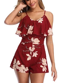 Wudodo Summer Rompers for Women Ruched Front Off Shoulder Floral Print Adjustable Straps Casual Short Jumpsuit