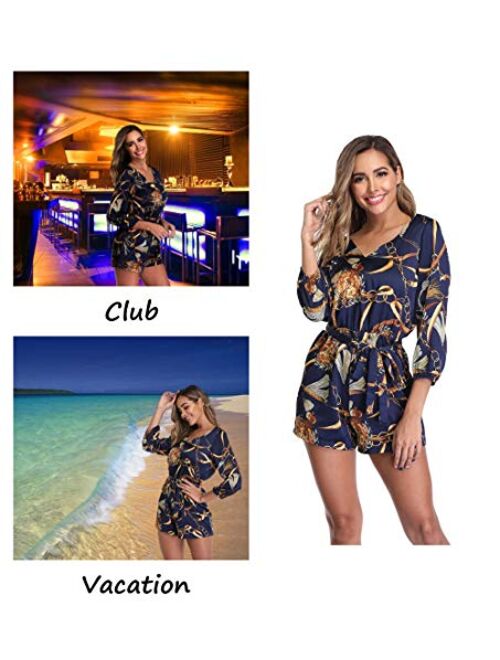 Wudodo Summer Rompers for Women Ruched Front Off Shoulder Floral Print Adjustable Straps Casual Short Jumpsuit