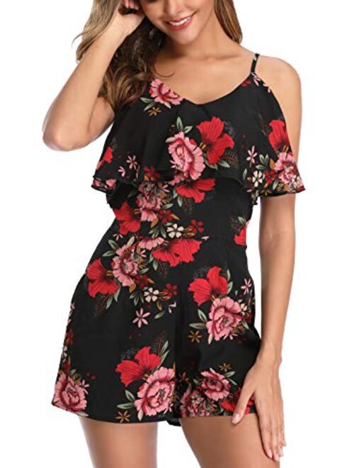 Wudodo Summer Rompers for Women Ruched Front Off Shoulder Floral Print Adjustable Straps Casual Short Jumpsuit