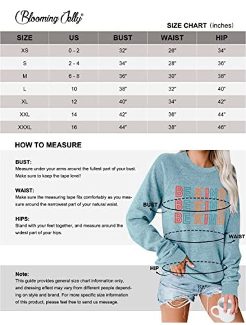 Blooming Jelly Women's Cute Graphic Sweatshirt Be Kind Crewneck Raglan Long Sleeve Pullover Top