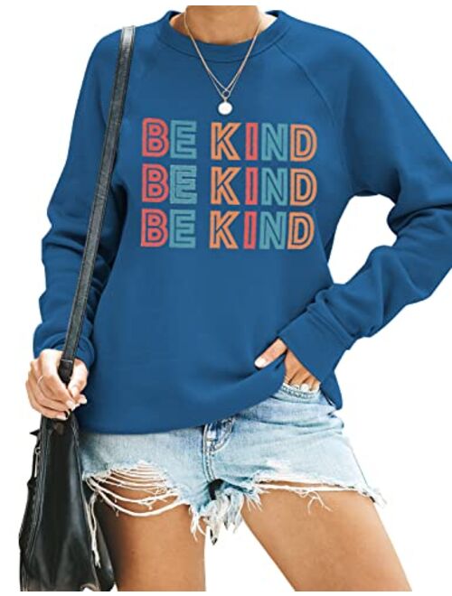 Blooming Jelly Women's Cute Graphic Sweatshirt Be Kind Crewneck Raglan Long Sleeve Pullover Top