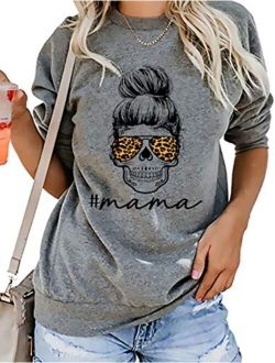 Mom Shirt for Women Mom Life Fashion Sweatshirt Funny Skull Print Top Fall Casual Long Sleeve Tee Shirts