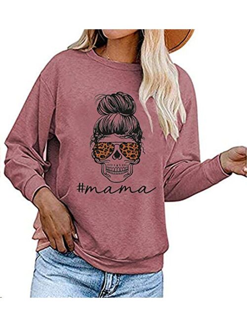 Mom Shirt for Women Mom Life Fashion Sweatshirt Funny Skull Print Top Fall Casual Long Sleeve Tee Shirts