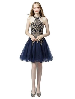 Belle House Women's Short Homecoming Dresses Halter Neck Appliques Beaded Prom Party Gowns