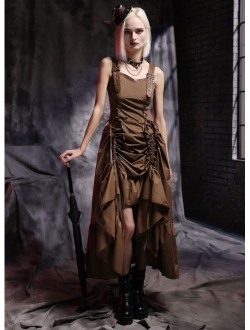 Women Steampunk Gothic Victorian Long Dress Sleeveless Ruffled Dress