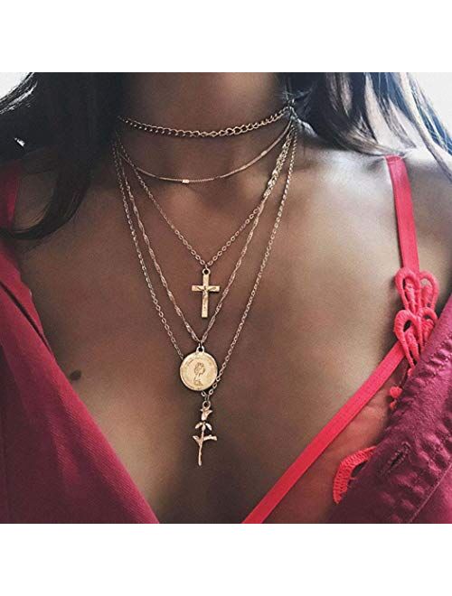 Fstrend Holy Necklace Religious Virgin Mary Cross Rose Charms Pendant Long Necklace Jewelry for Women and Girls