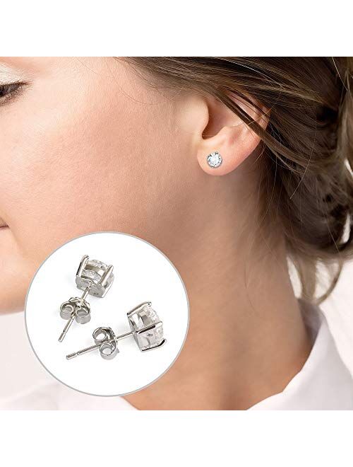 Stud Earrings, UHIBROS Sterling Silver Birthstone Round Cubic Zirconia Diamond Earrings