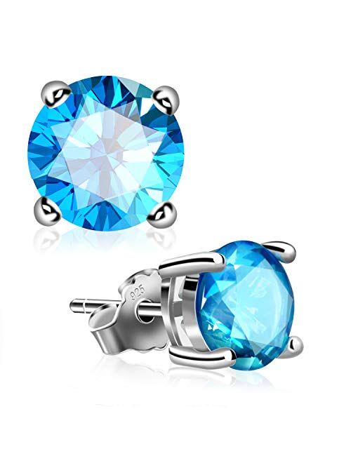 Stud Earrings, UHIBROS Sterling Silver Birthstone Round Cubic Zirconia Diamond Earrings