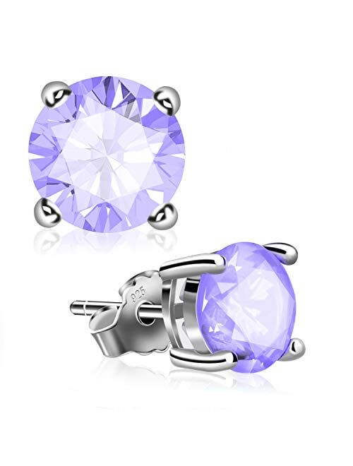 Stud Earrings, UHIBROS Sterling Silver Birthstone Round Cubic Zirconia Diamond Earrings